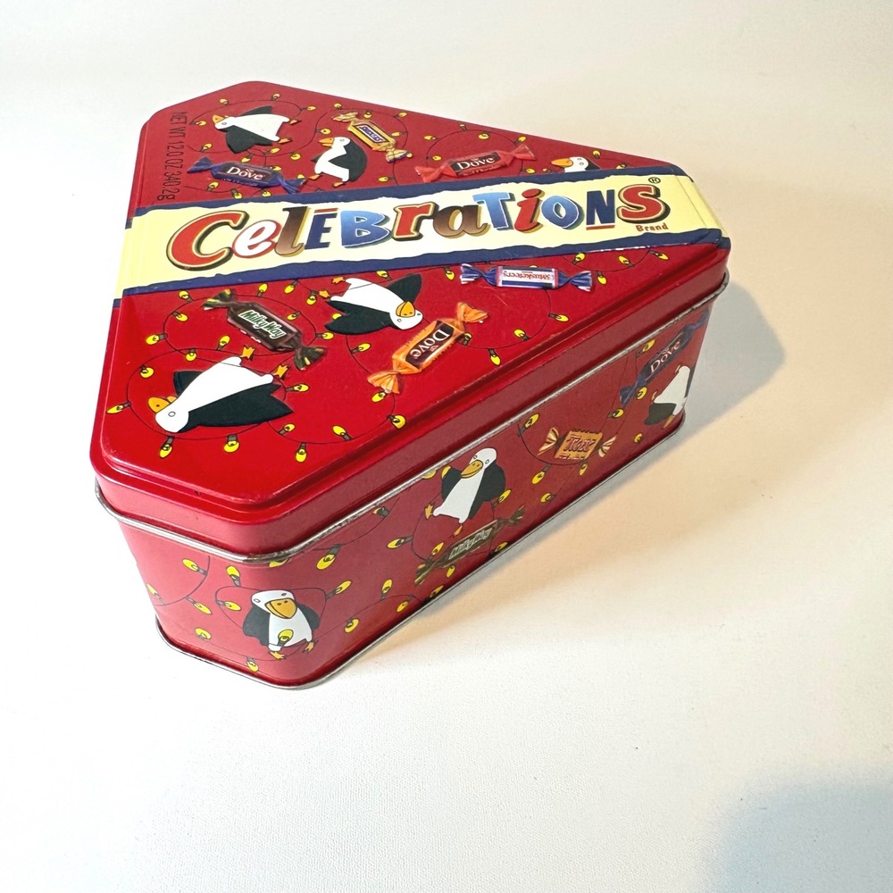 Mars Celebrations Holiday Candy Tin Red Triangle Penguin Christmas Collectible